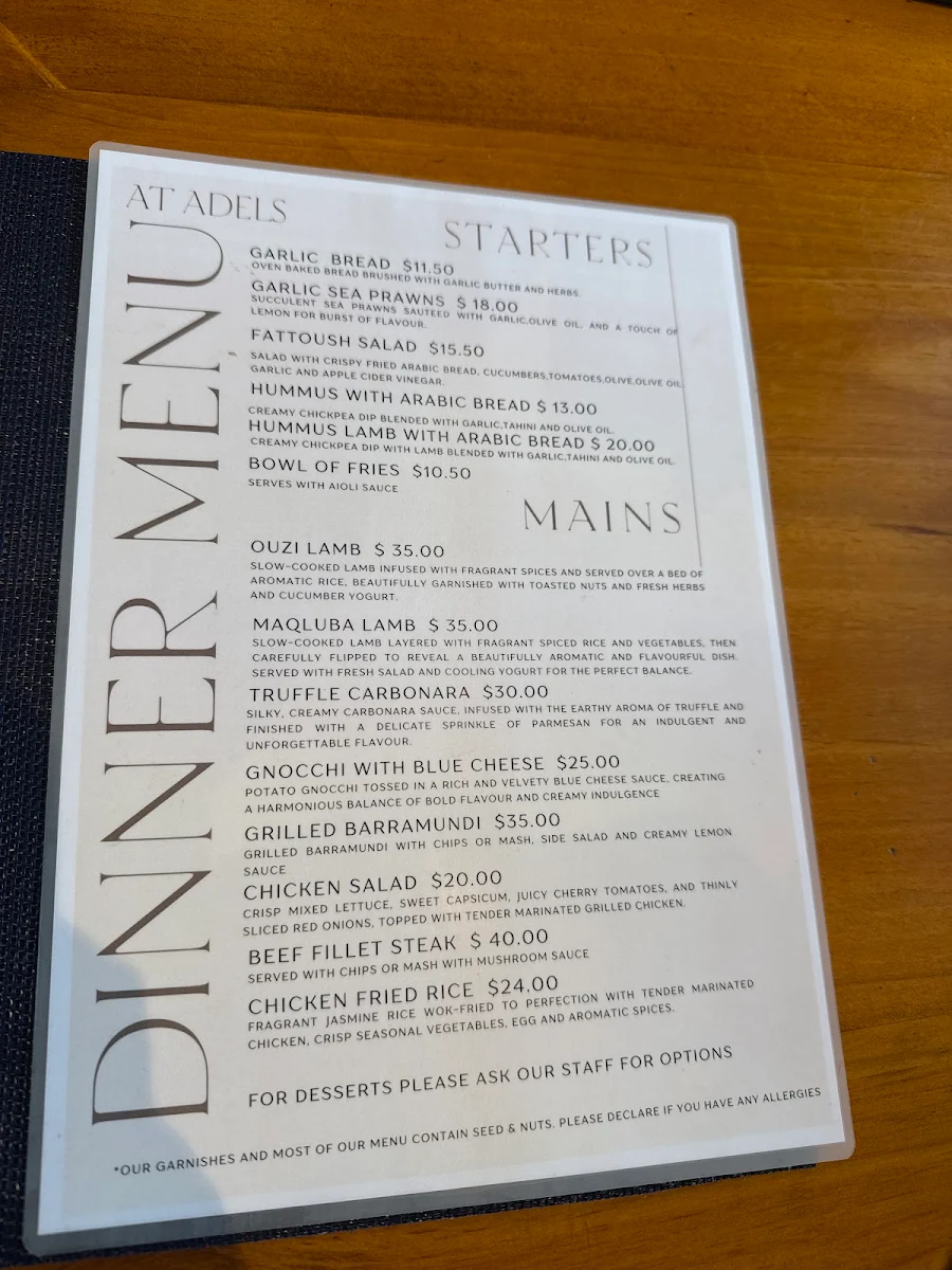 Menu, At Adels