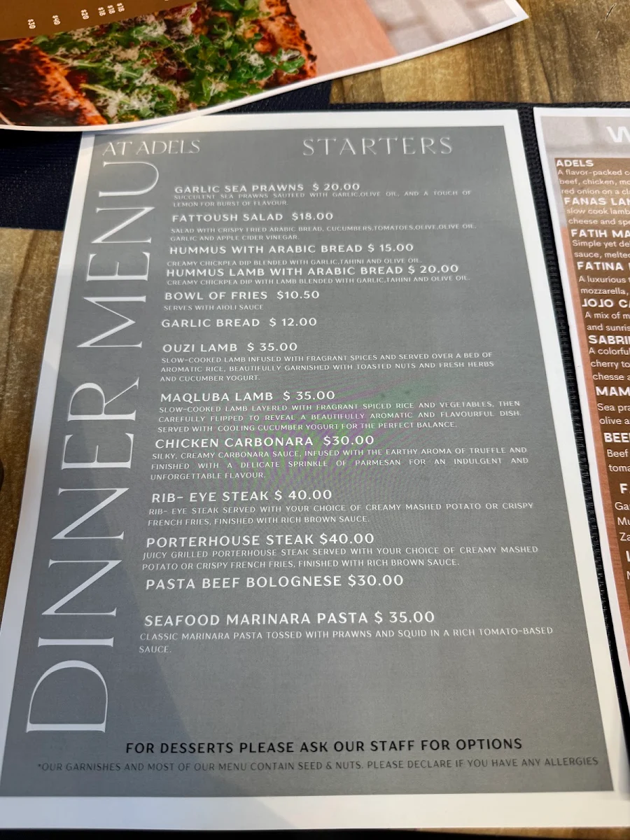 Menu, At Adels