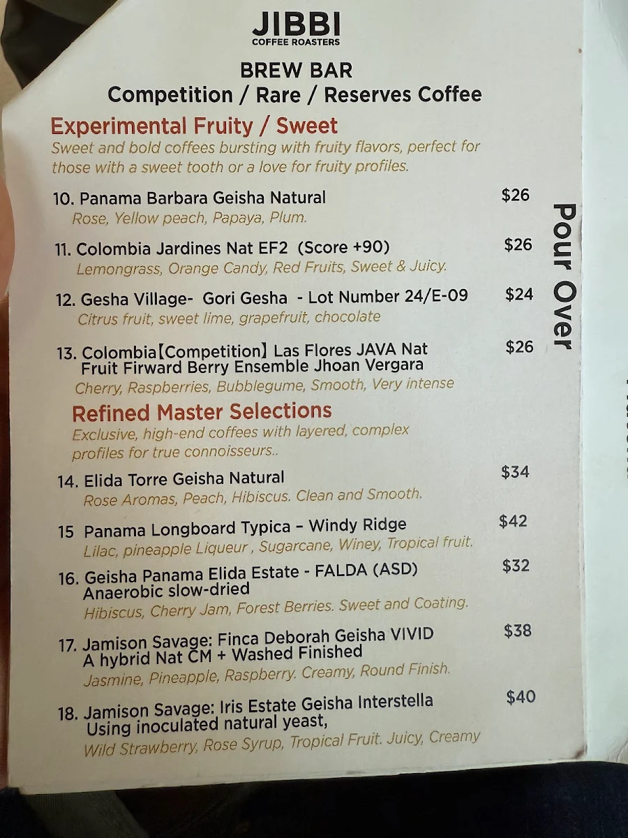 Menu, JIBBICOFFEE ROASTERS