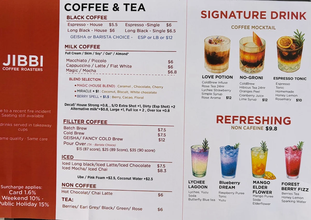 Menu, JIBBICOFFEE ROASTERS