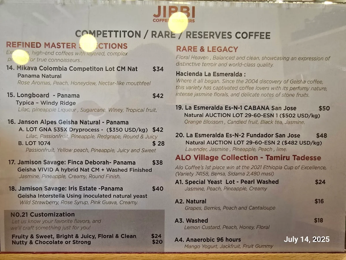 Menu, JIBBICOFFEE ROASTERS