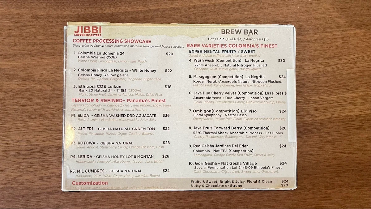 Menu, JIBBICOFFEE ROASTERS