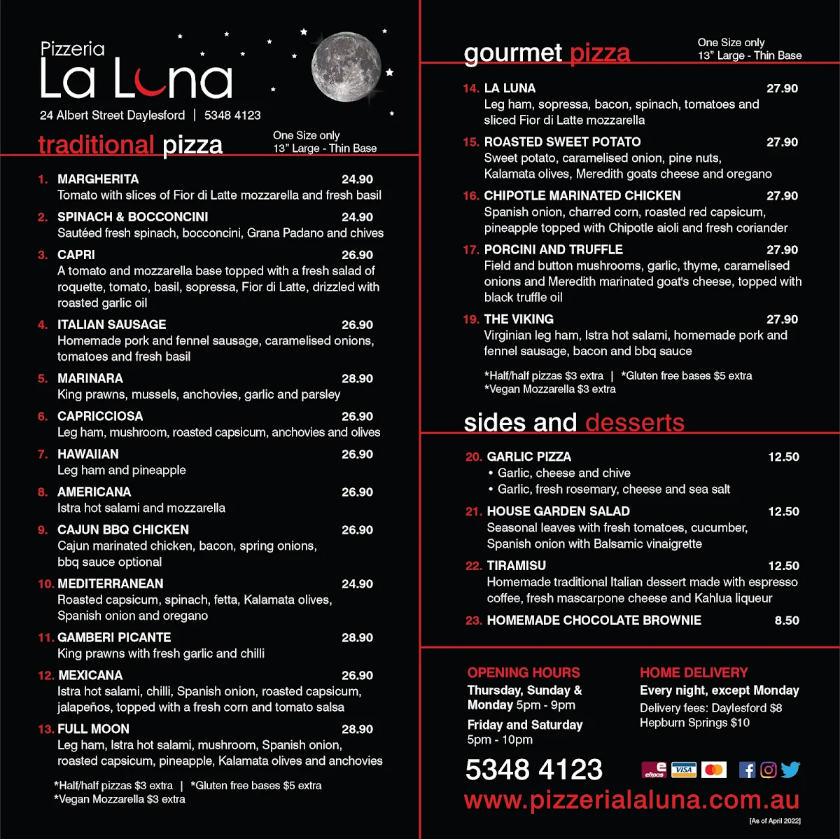 Menu, Pizzeria La Luna