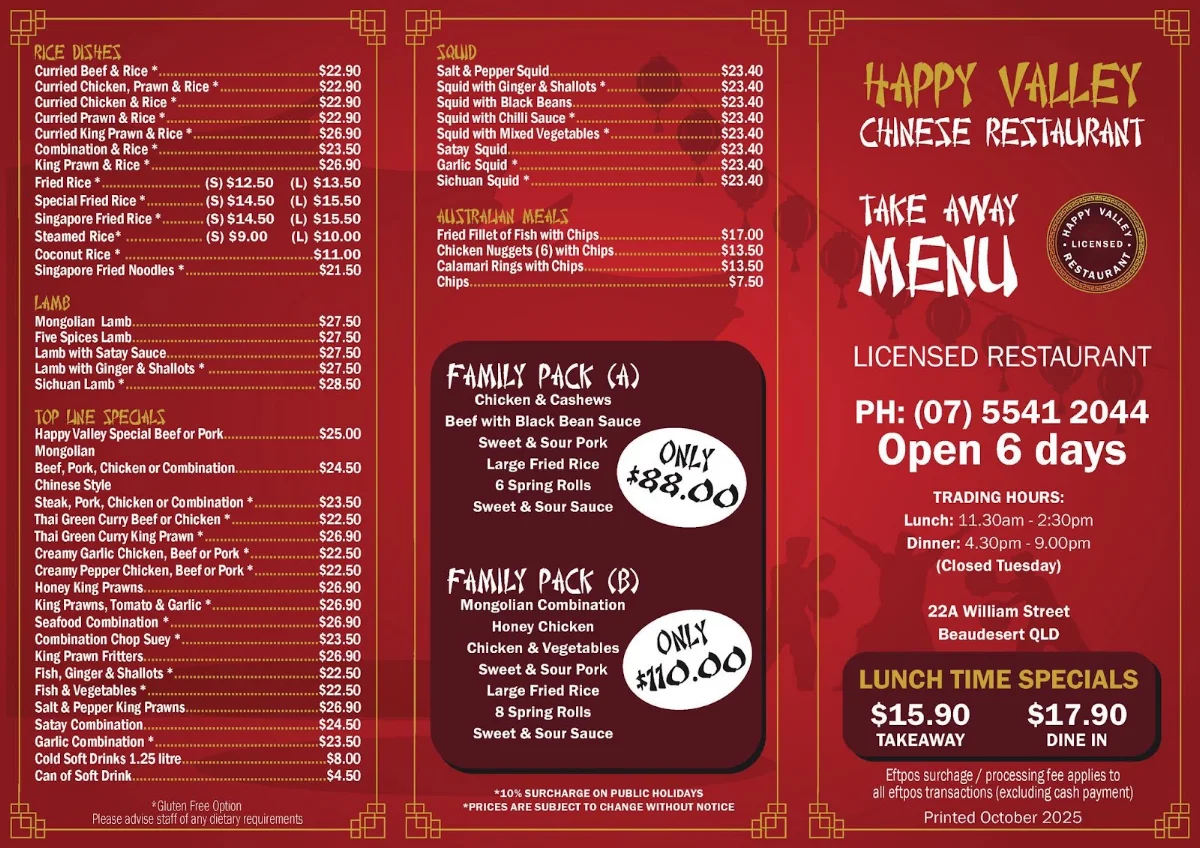 Menu, Happy Valley Beaudesert Chinese Family Restaurant