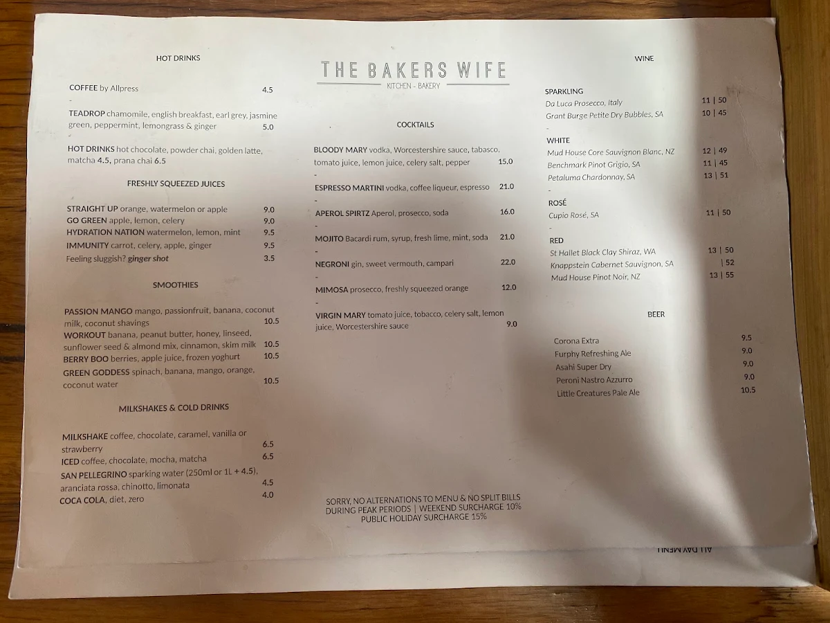 Menu, The Bakers Wife
