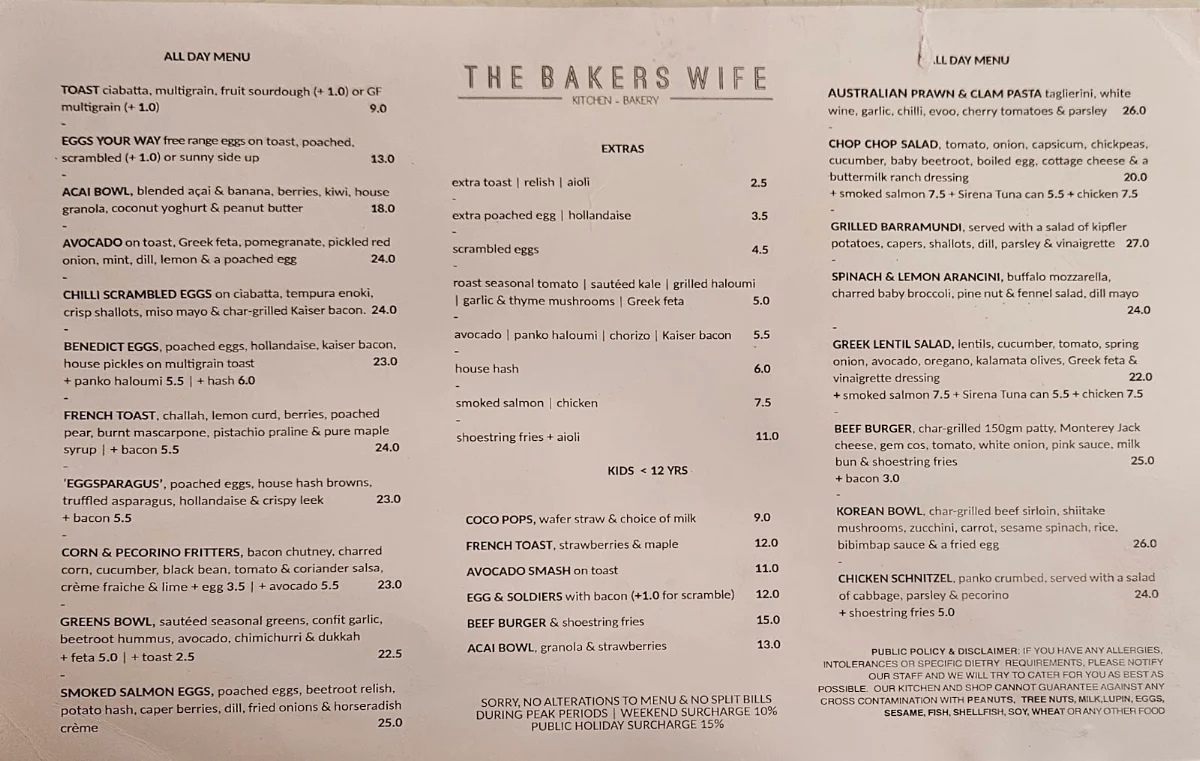 Menu, The Bakers Wife