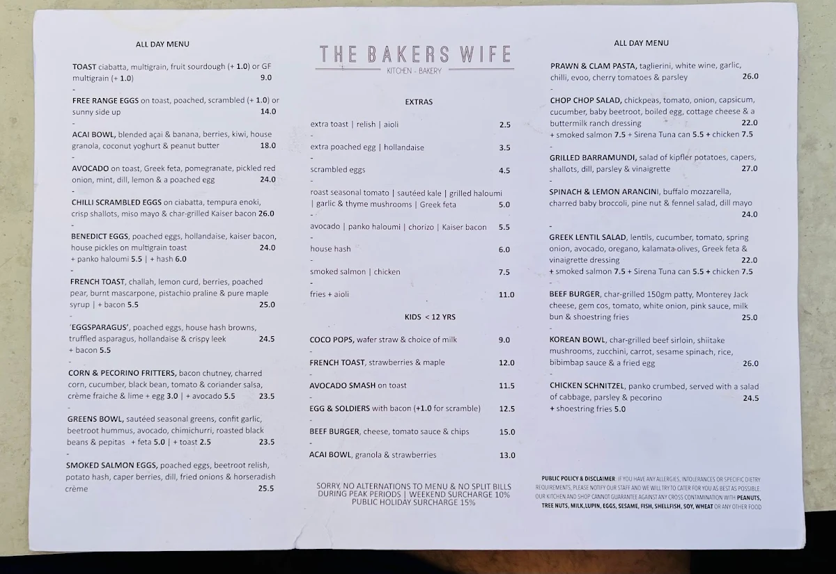 Menu, The Bakers Wife