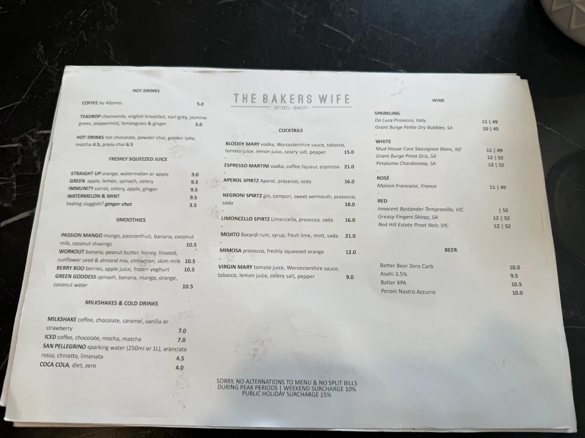 Menu, The Bakers Wife