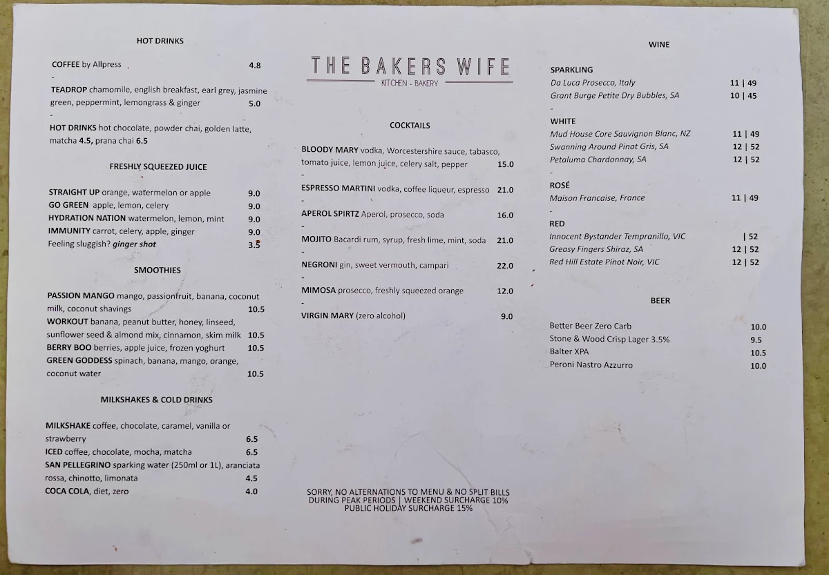 Menu, The Bakers Wife