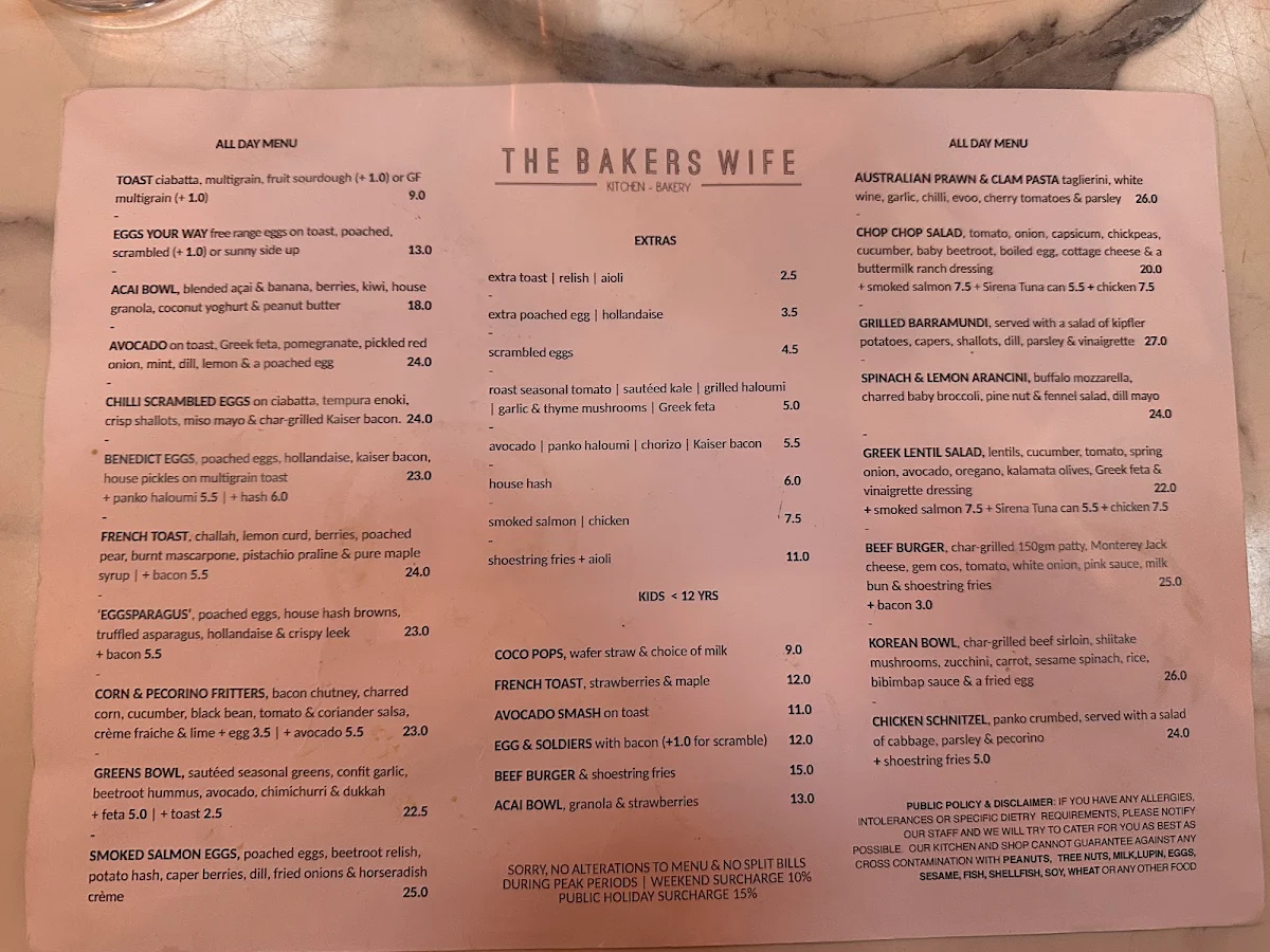 Menu, The Bakers Wife