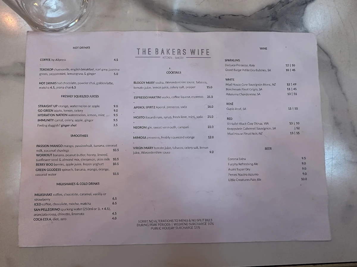 Menu, The Bakers Wife