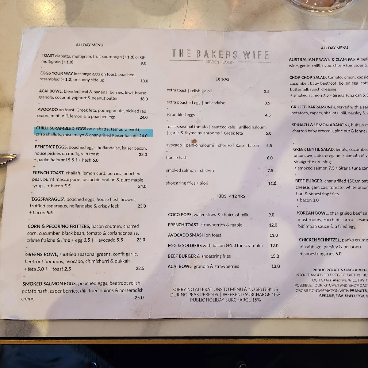 Menu, The Bakers Wife