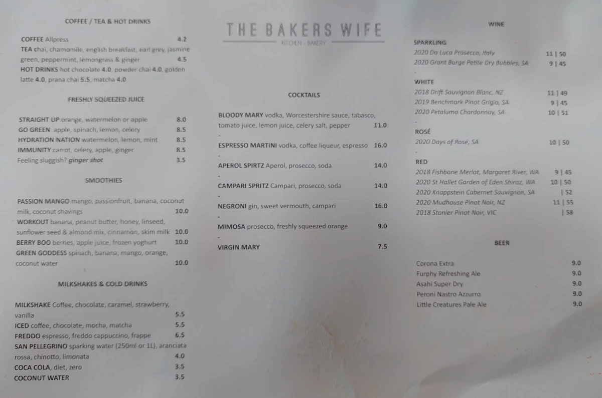 Menu, The Bakers Wife
