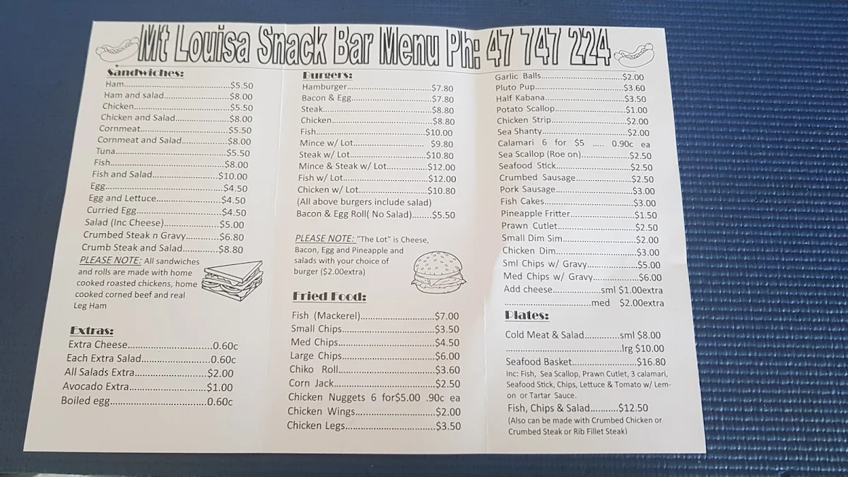 Menu, Mt Louisa Snack Bar