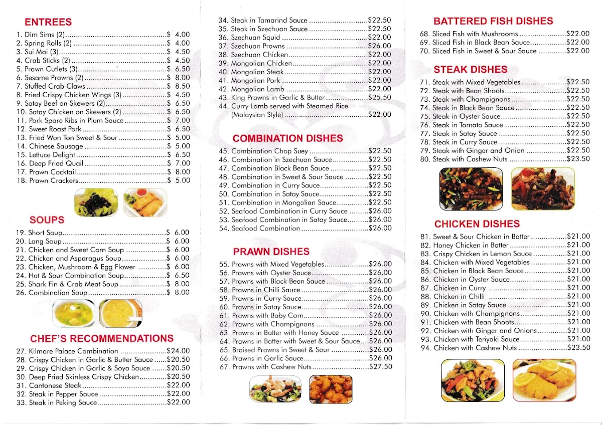 Menu, Kilmore Palace