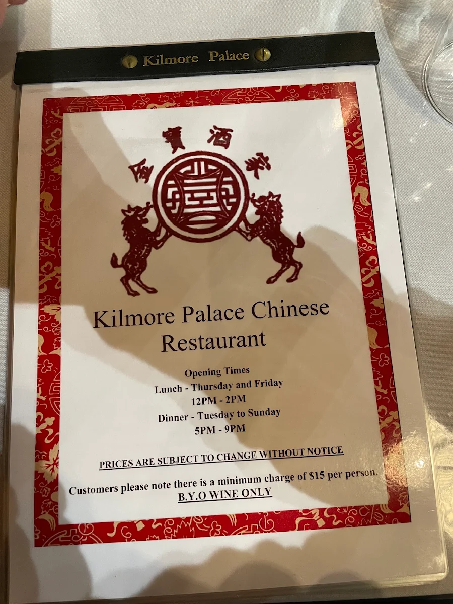 Menu, Kilmore Palace