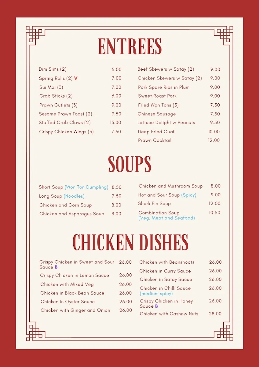 Menu, Kilmore Palace