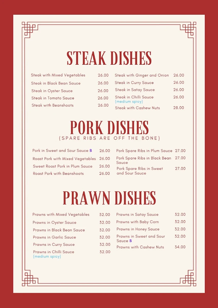 Menu, Kilmore Palace