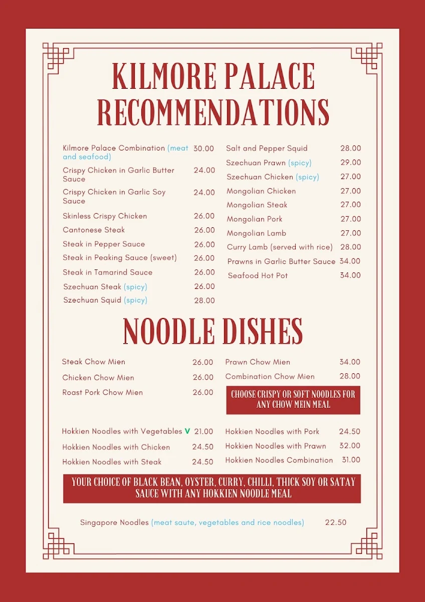 Menu, Kilmore Palace