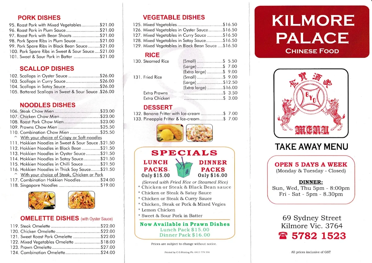 Menu, Kilmore Palace
