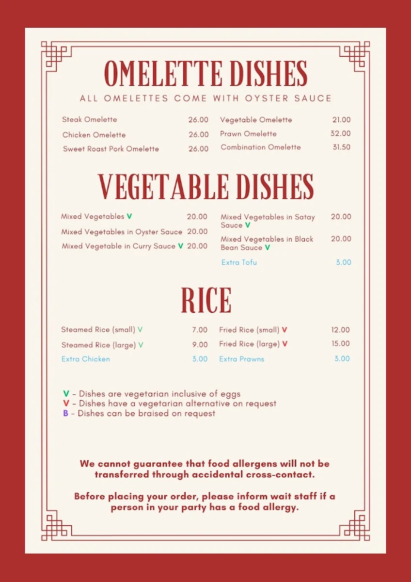 Menu, Kilmore Palace