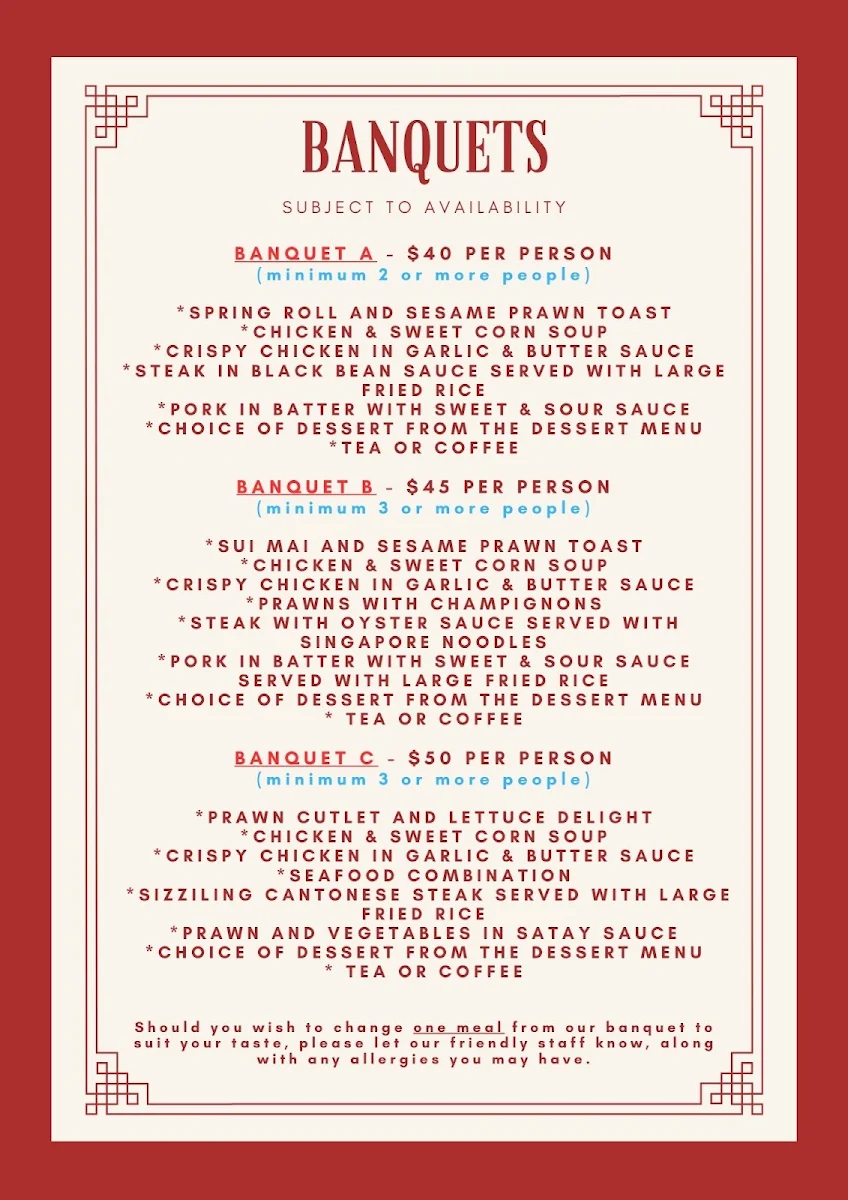 Menu, Kilmore Palace