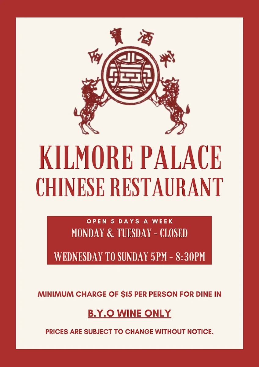 Menu, Kilmore Palace