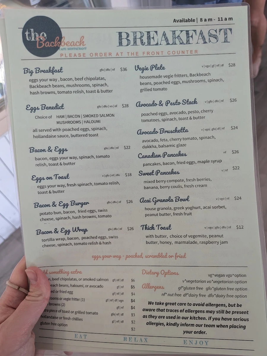 Menu, Backbeach Cafe & Restaurant