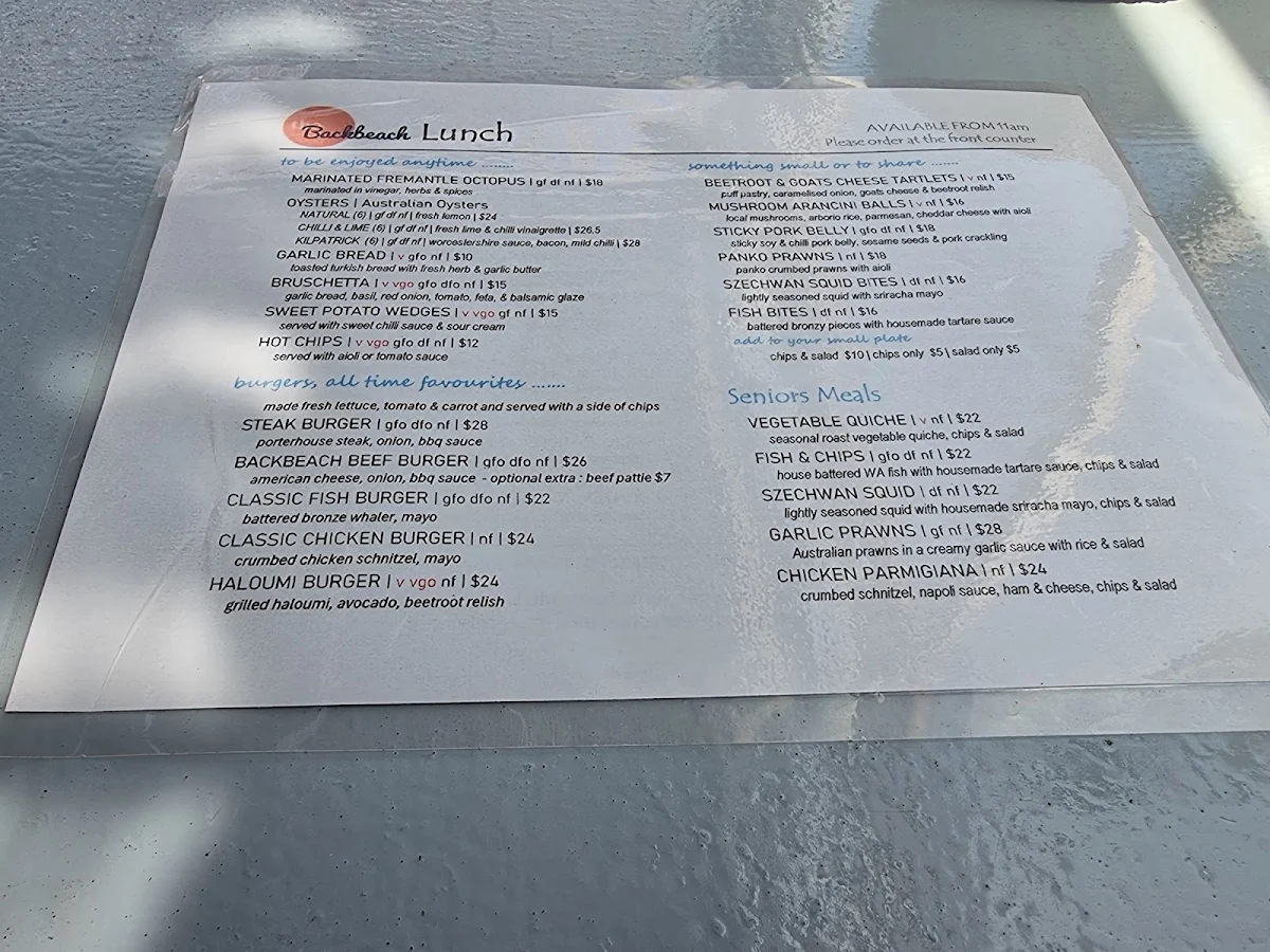 Menu, Backbeach Cafe & Restaurant