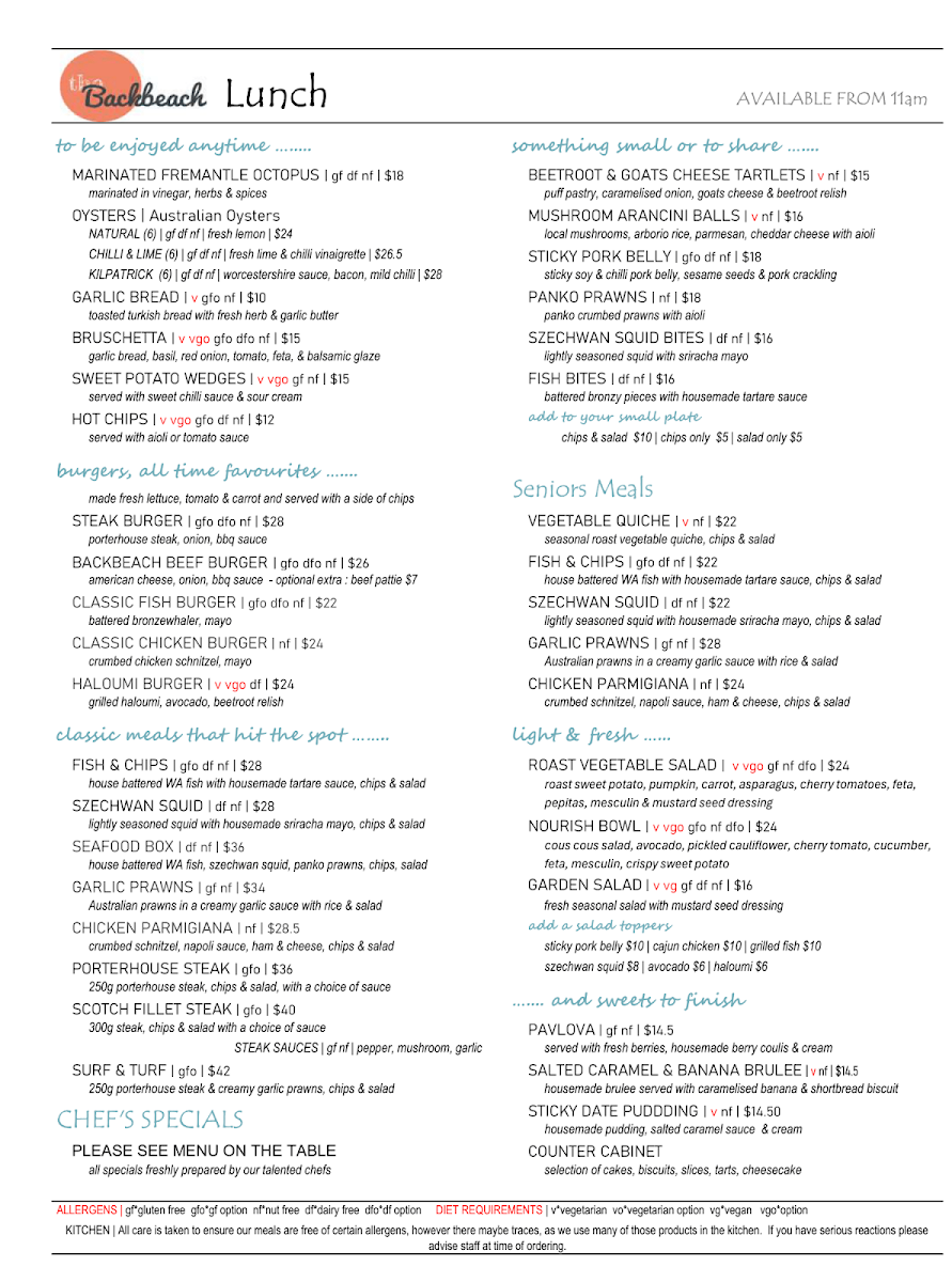 Menu, Backbeach Cafe & Restaurant