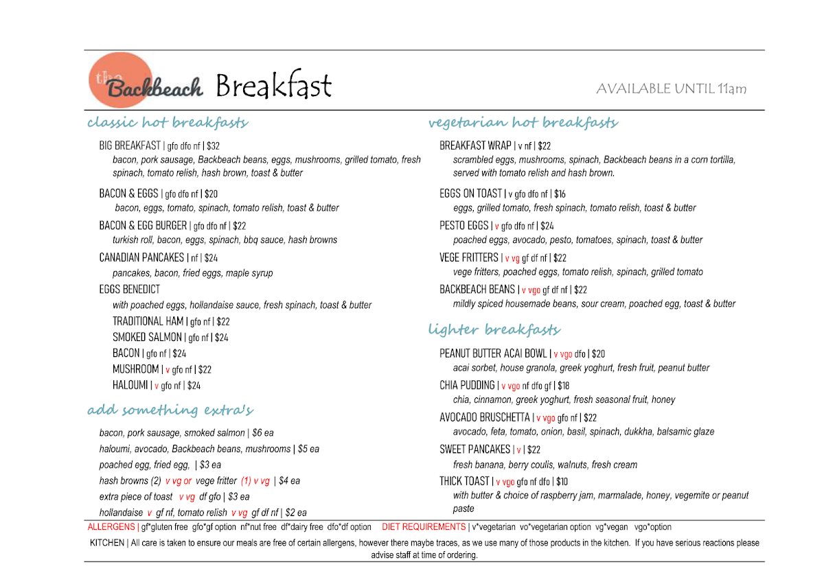 Menu, Backbeach Cafe & Restaurant