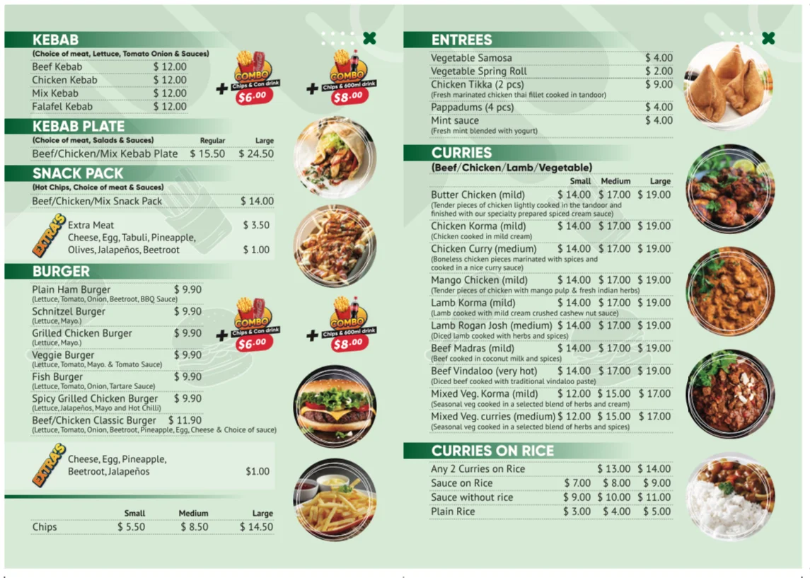 Menu, Yummy Kebab & Indian Budgewoi