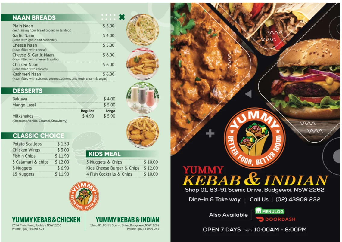 Menu, Yummy Kebab & Indian Budgewoi