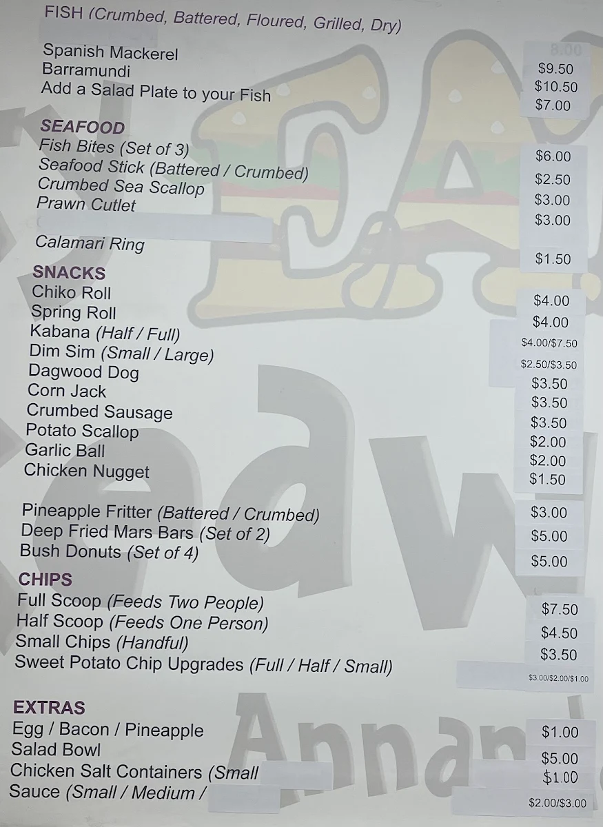 Menu, Tasty Eats Takeaway - Annandale