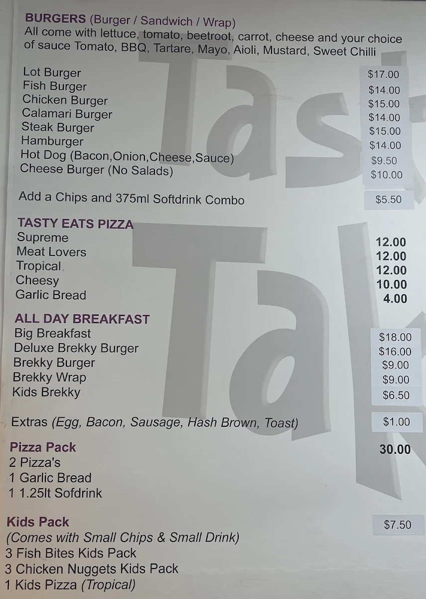 Menu, Tasty Eats Takeaway - Annandale