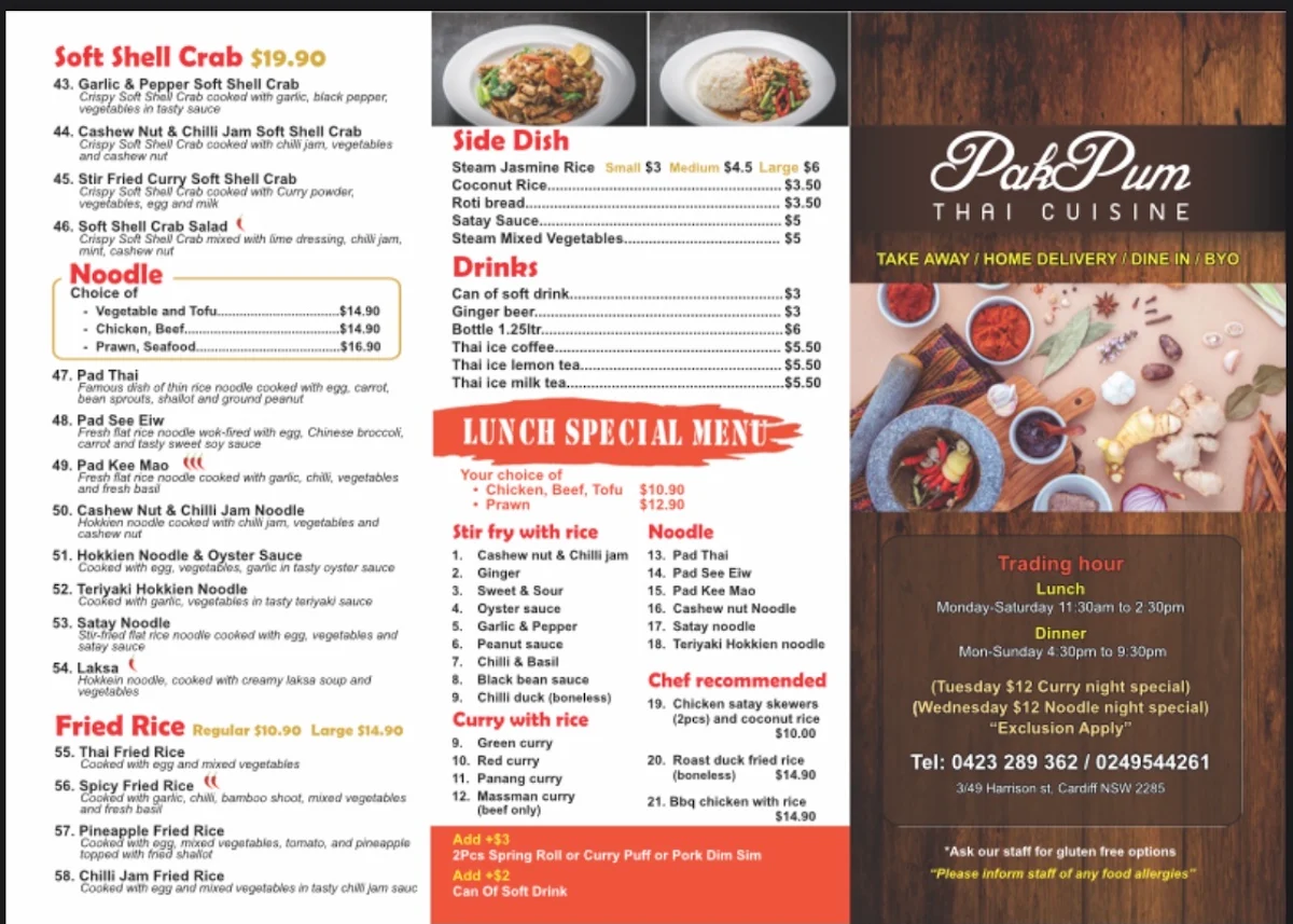 Menu, Pakpum Thai