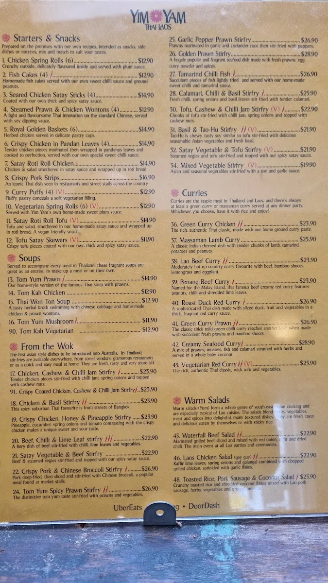 Menu, Yim Yam Thai Laos Ascot Vale