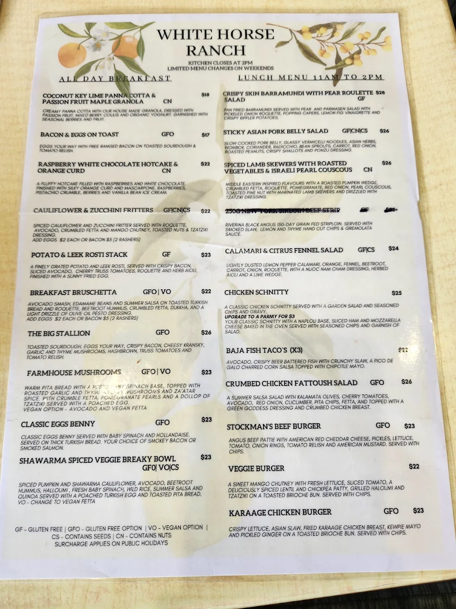 Menu, White Horse Ranch