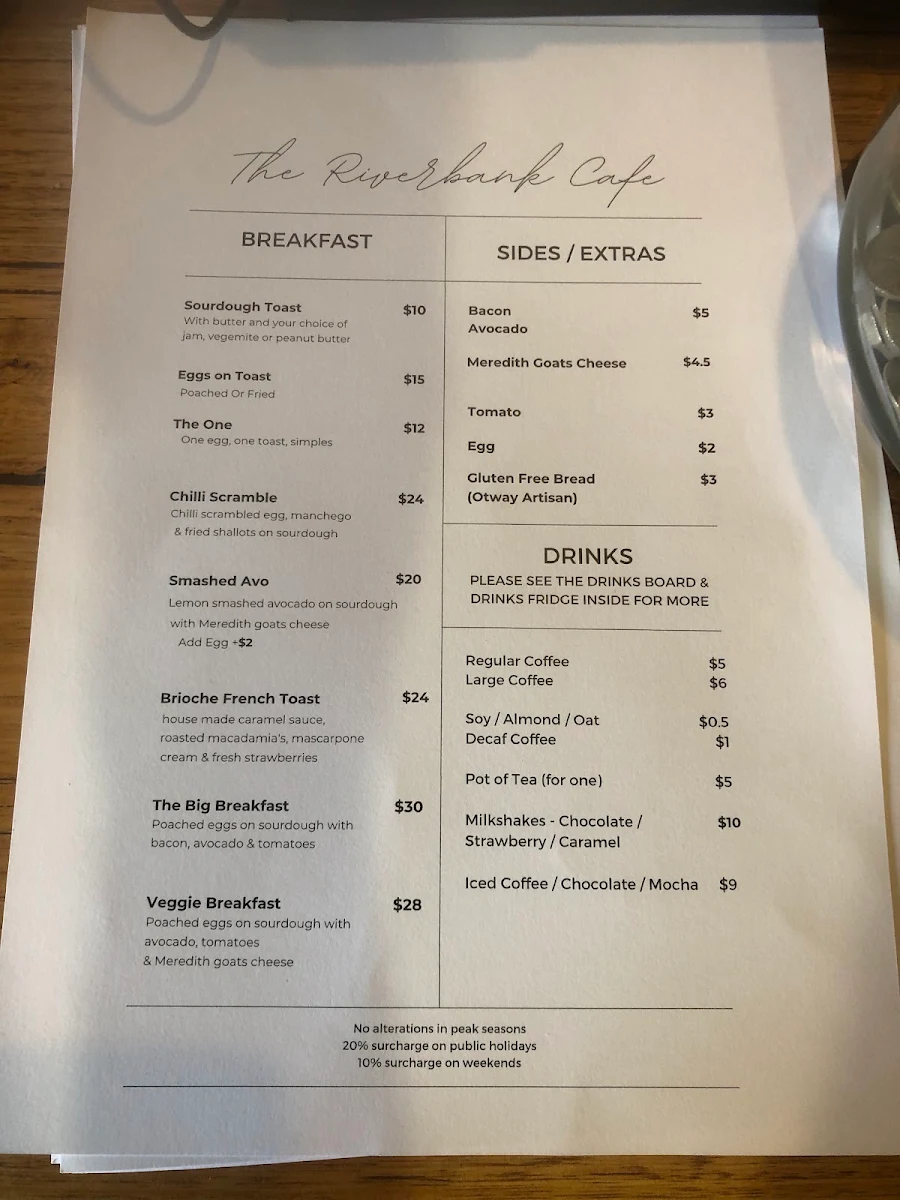 Menu, Riverbank Cafe