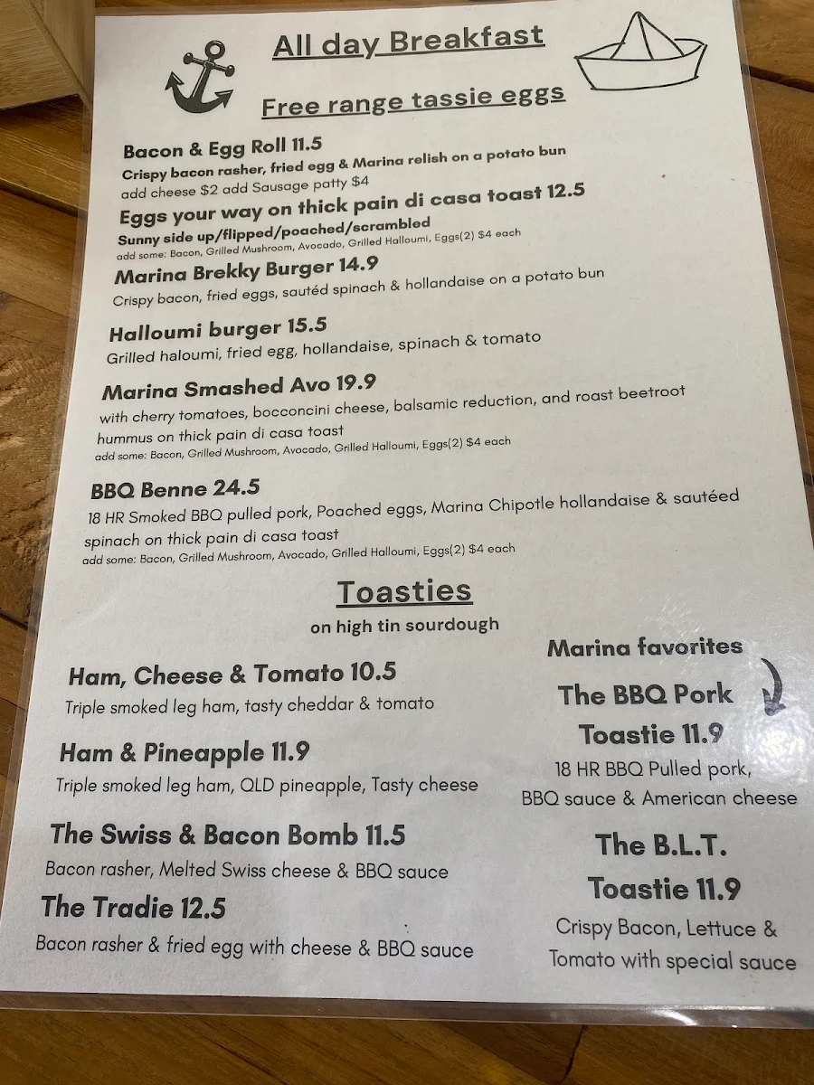 Menu, The Marina Café