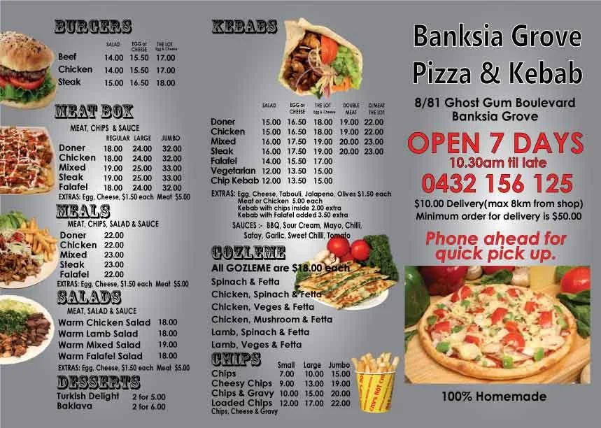 Menu, Banksia Grove Pizza and Kebab Bakery