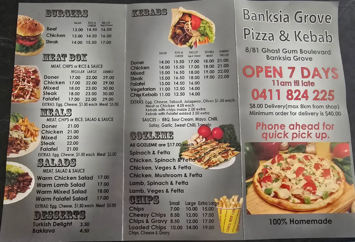 Menu, Banksia Grove Pizza and Kebab Bakery
