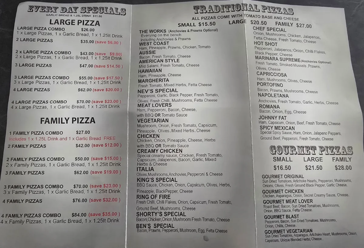 Menu, Banksia Grove Pizza and Kebab Bakery