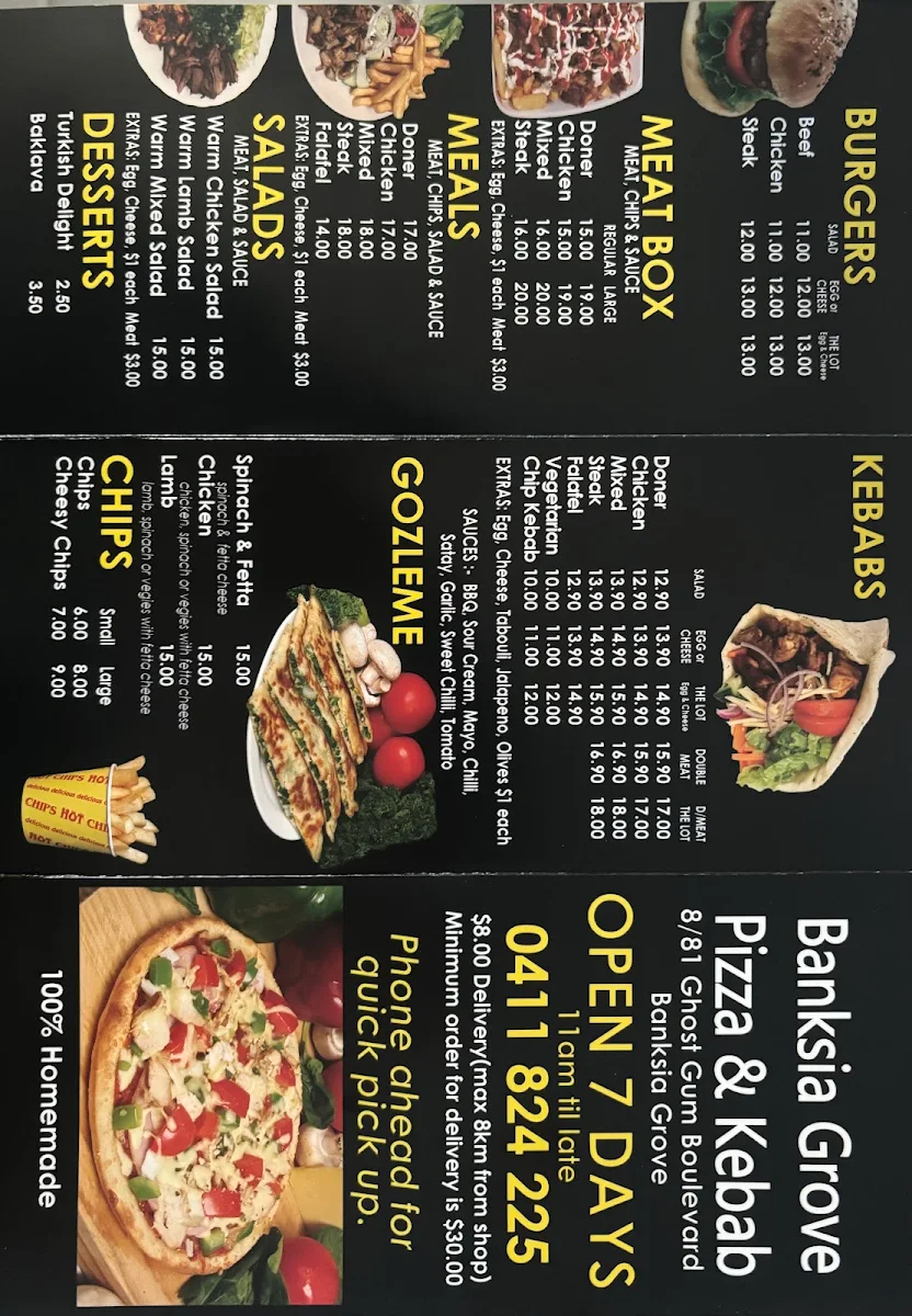 Menu, Banksia Grove Pizza and Kebab Bakery