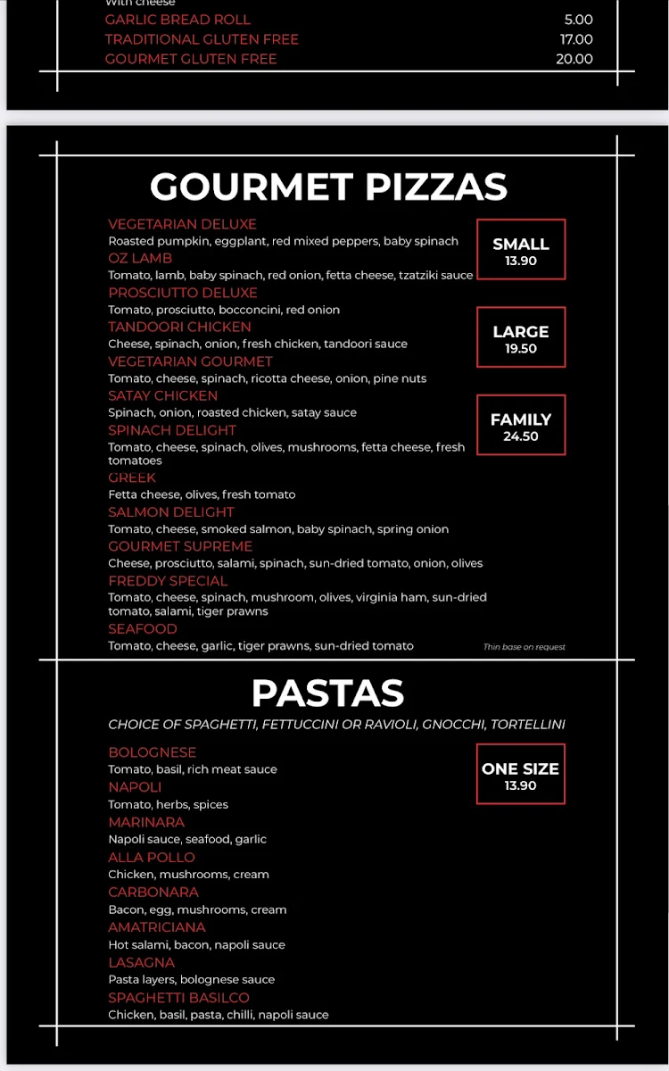 Menu, Top Tic Pizza