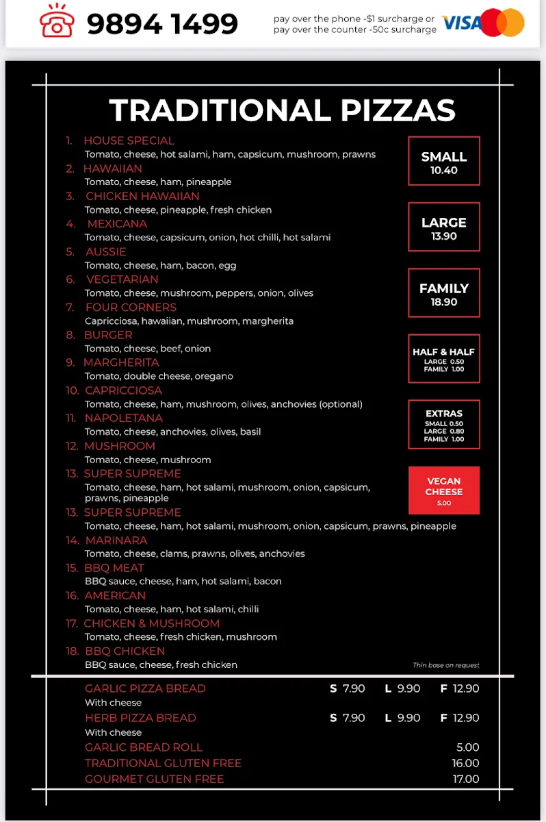 Menu, Top Tic Pizza