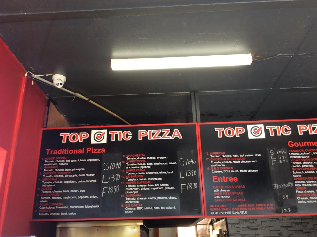 Menu, Top Tic Pizza