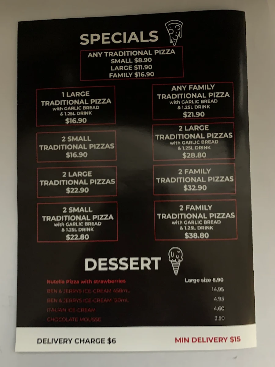 Menu, Top Tic Pizza
