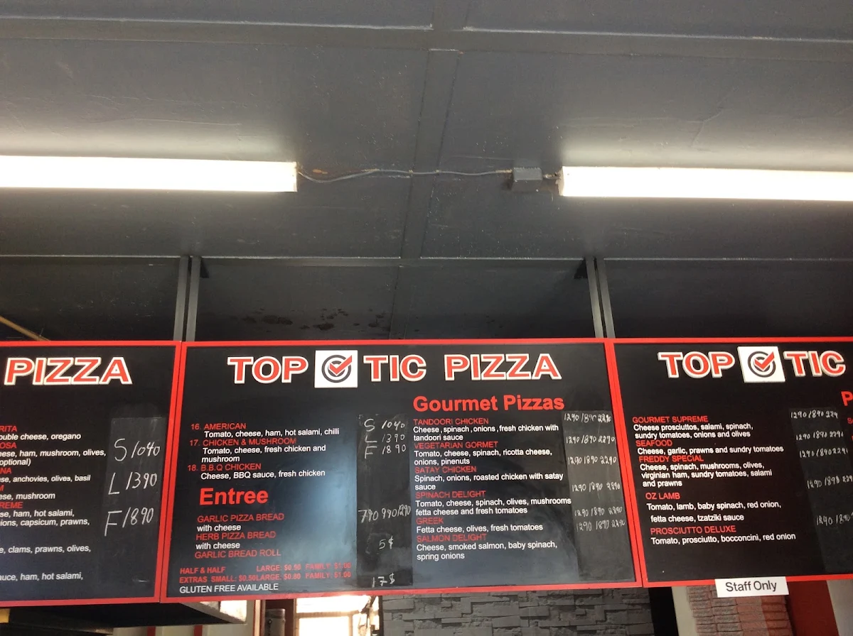 Menu, Top Tic Pizza