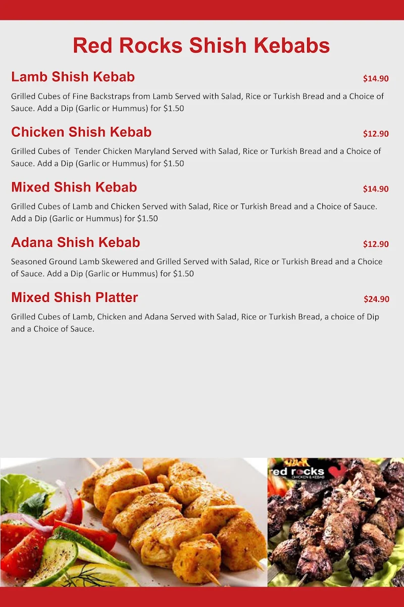 Menu, Red Rocks Charcoal Chicken & Kebab, Point Cook